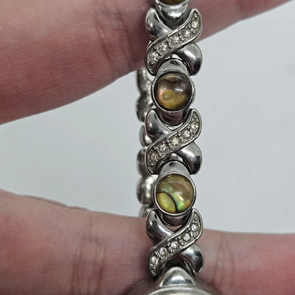 Concepts in Time silver tone watch skinny band with faux abalone and rhinestones